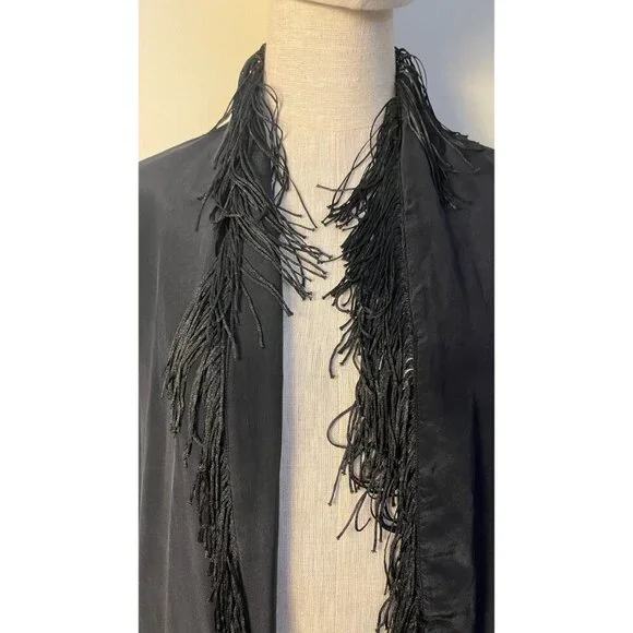 RARE!  WINTER KATE BLACK VINTAGE SILK FRINGE BOHO STEVIE KIMONO JACKET - Picture 3 of 9